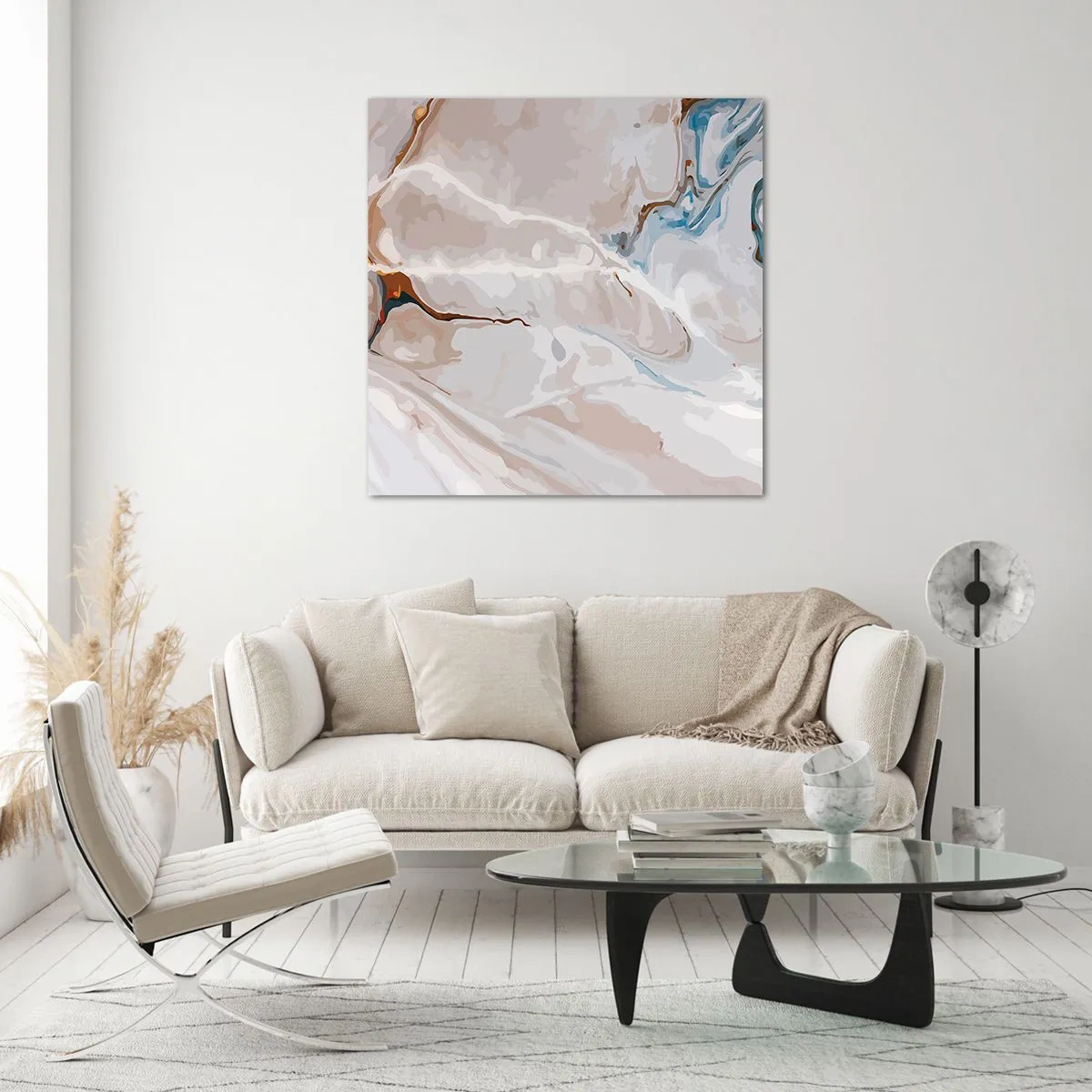 Obraz na skle - Modré meandry pod bílou - 50x50 cm