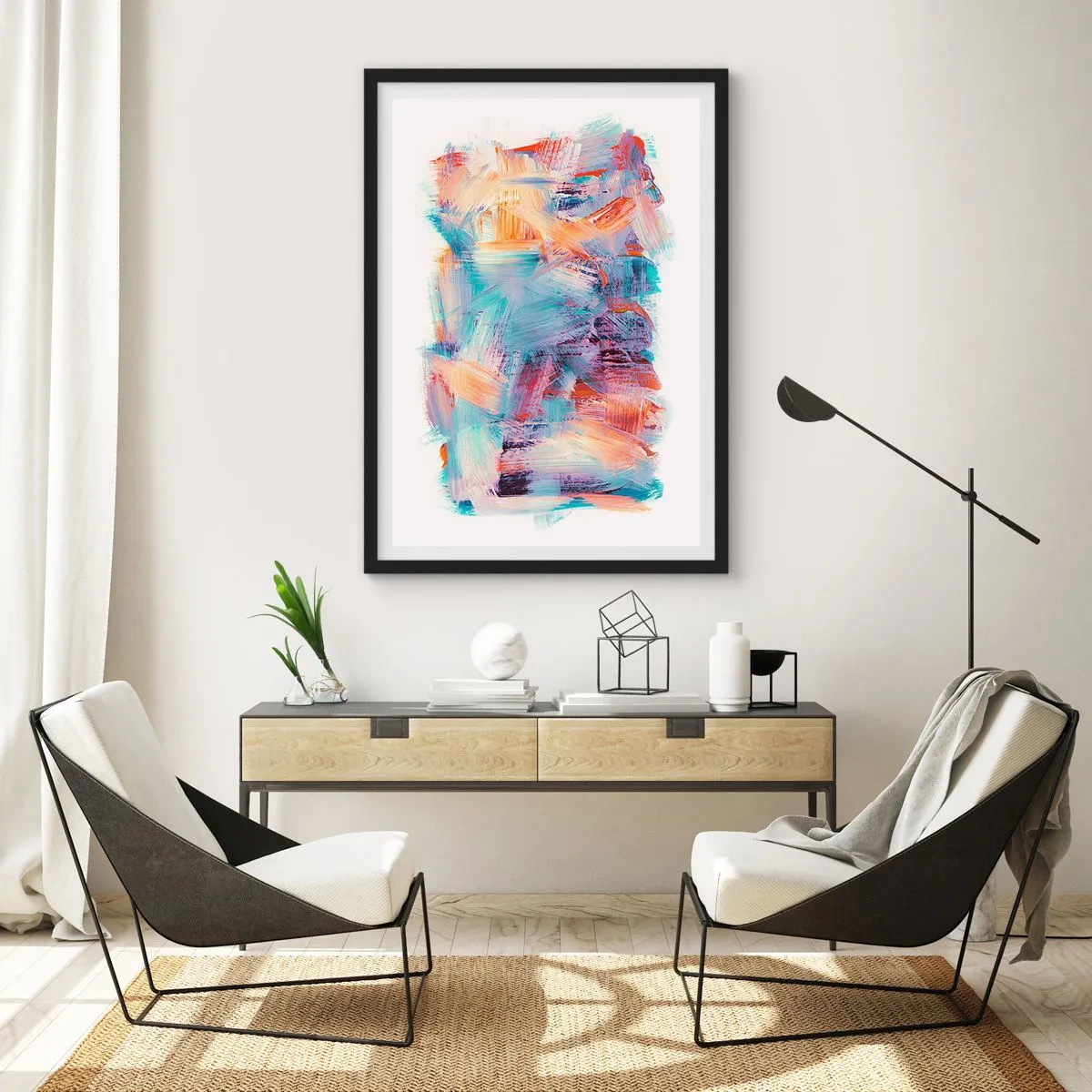 Plakát v černém rámu - Expresivní abstrakce v odstínech oranžové a modré - 50x70cm - Barevný nepořádek - Moderní nástěnná dekorace do obývacího pokoje a ložnice ARTTOR