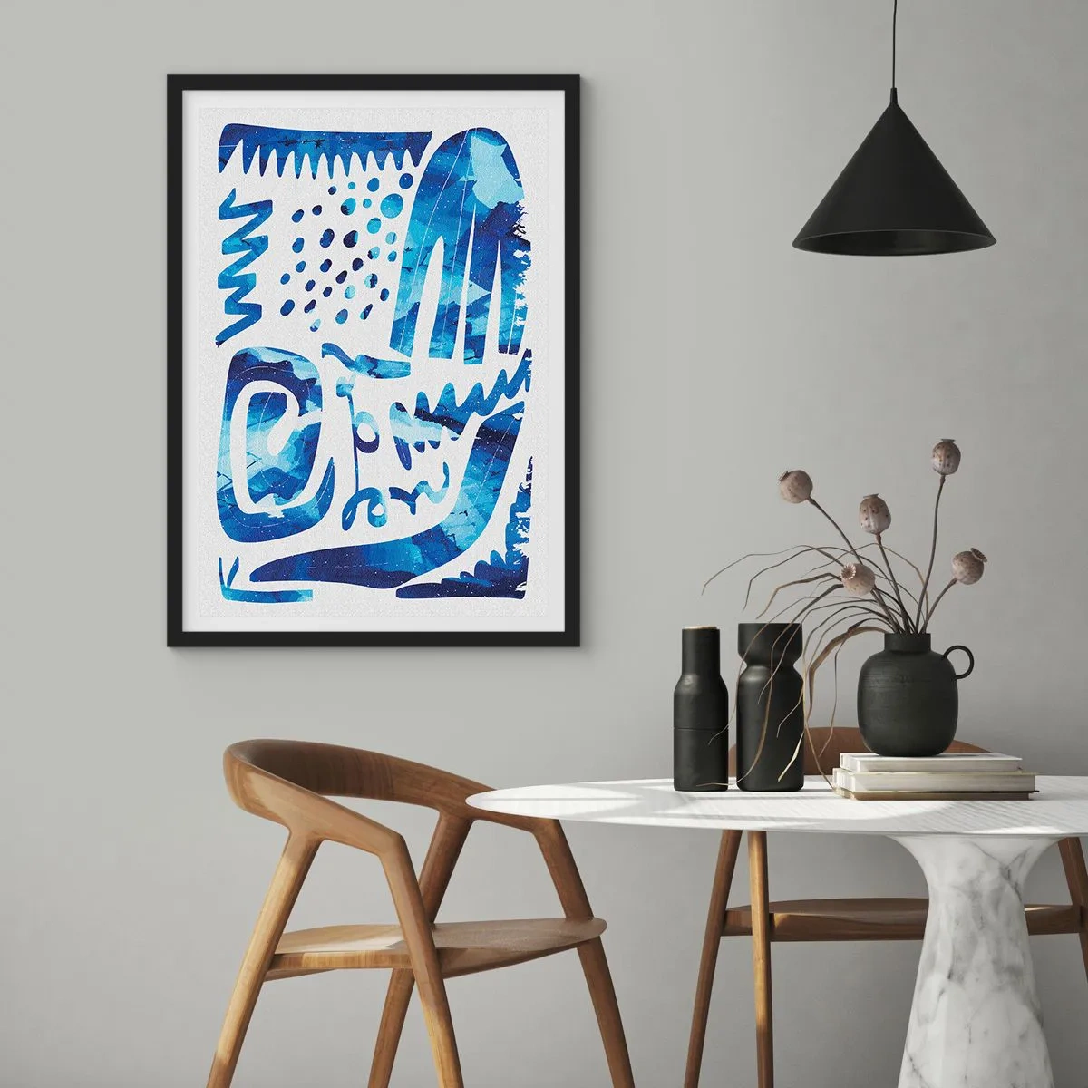 Plakát v černém rámu - Moderní abstrakce v odstínech modré - 50x70cm - Zpět ke kořenům - Moderní nástěnná dekorace do obývacího pokoje a ložnice ARTTOR