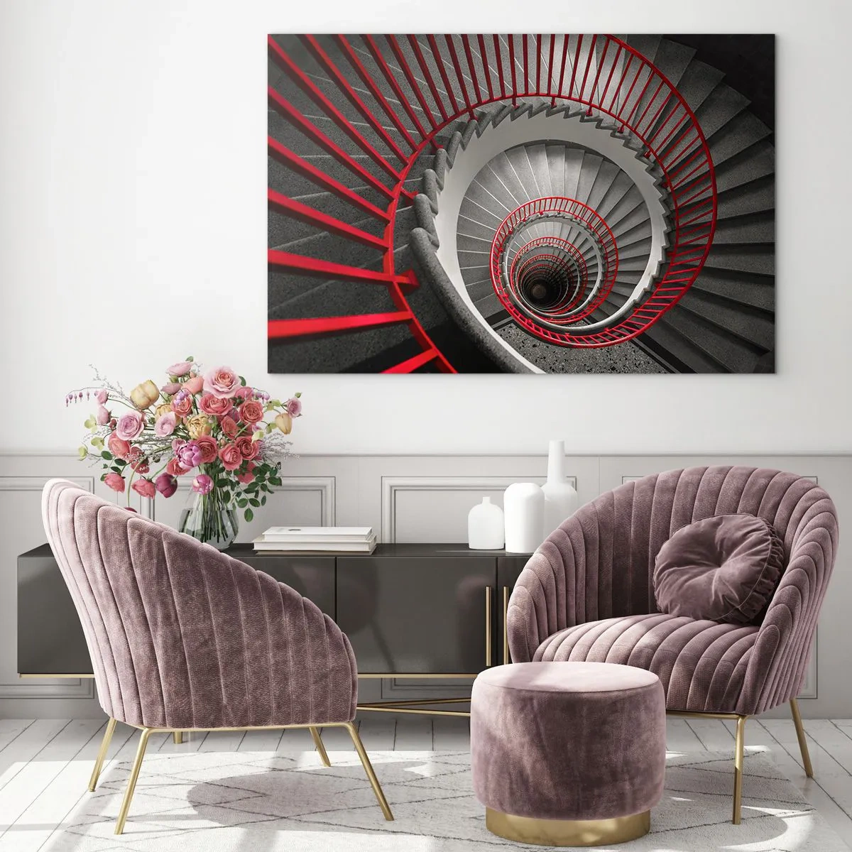 Obraz na skle - Točité schodiště s červeným zábradlím v perspektivě - 70x50cm - Architektonické hry - Moderní nástěnná dekorace do obývacího pokoje a ložnice ARTTOR