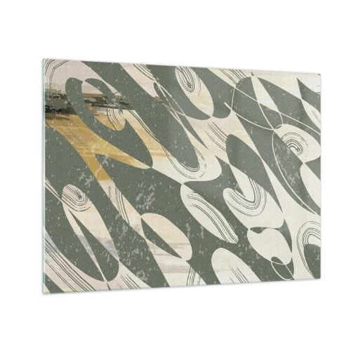 Obraz na skle - Zelená a béžová kompozice s dynamickými organickými formami - 70x50cm - Rytmizovaná abstrakce - Moderní nástěnná dekorace do obývacího pokoje a ložnice ARTTOR