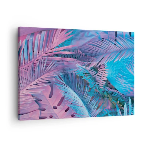 Obraz na plátně - Tropické listy v odstínech růžové a modré - 70x50cm - Tropy v růžové a modré - Moderní nástěnná dekorace do obývacího pokoje a ložnice ARTTOR