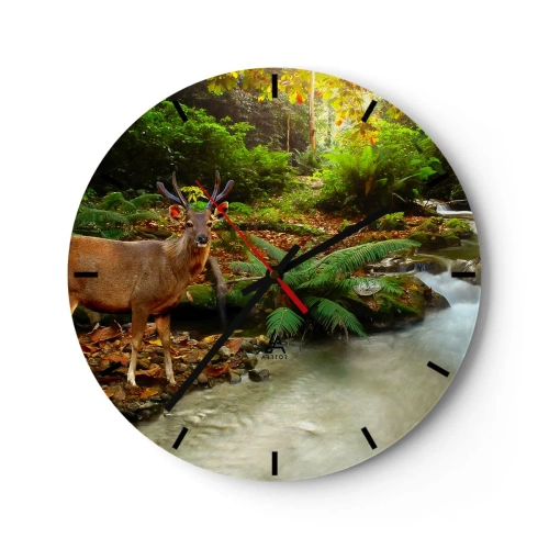 Nástěnné hodiny - Jelen v lesní krajině u potoka - 30x30cm - Vítám v mém světě - Moderní nástěnná dekorace do obývacího pokoje, kuchyně a ložnice ARTTOR