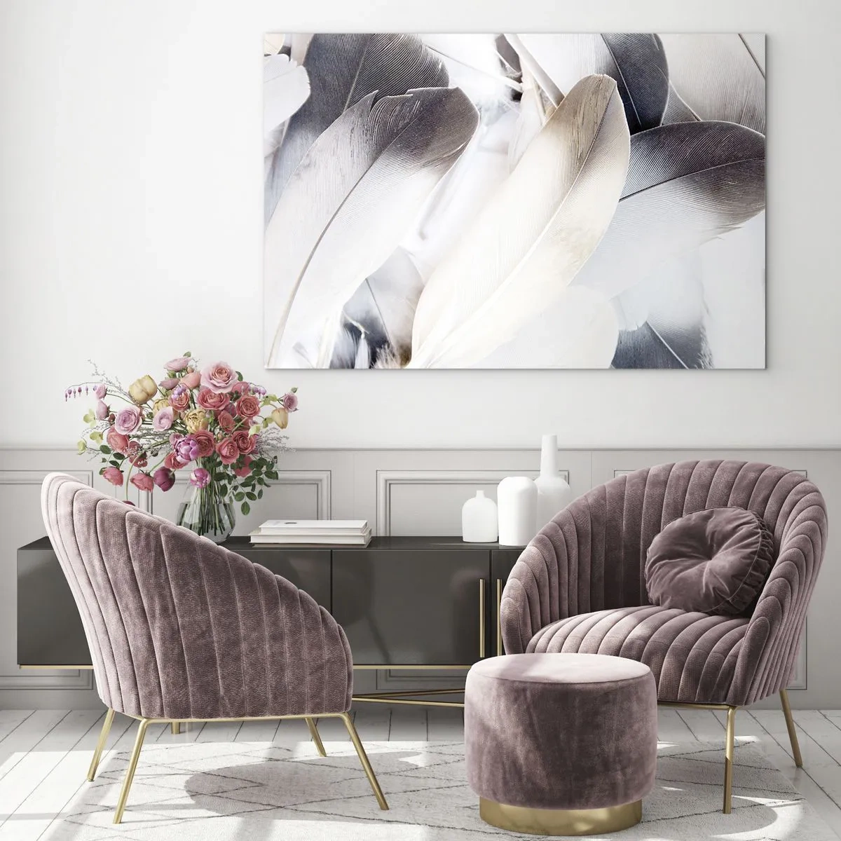 Obraz na skle - Jemné, světlé peří v odstínech bílé a šedé - 70x50cm - Téměř andělské - Moderní nástěnná dekorace do obývacího pokoje a ložnice ARTTOR