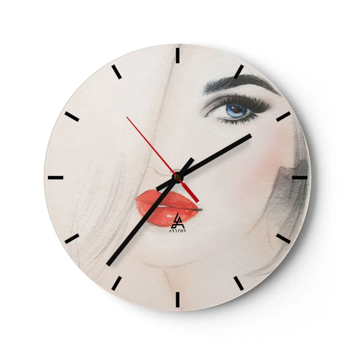 Nástěnné hodiny - Umělecký portrét ženy s rudými rty a modrýma očima - 30x30cm - Hypnotizuje a omamuje - Moderní nástěnná dekorace do obývacího pokoje, kuchyně a ložnice ARTTOR