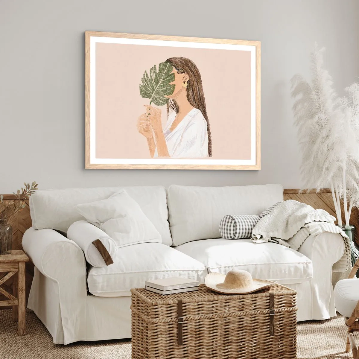 Plakát v rámu světlý dub - Tajemný portrét s vějířem - 100x70 cm