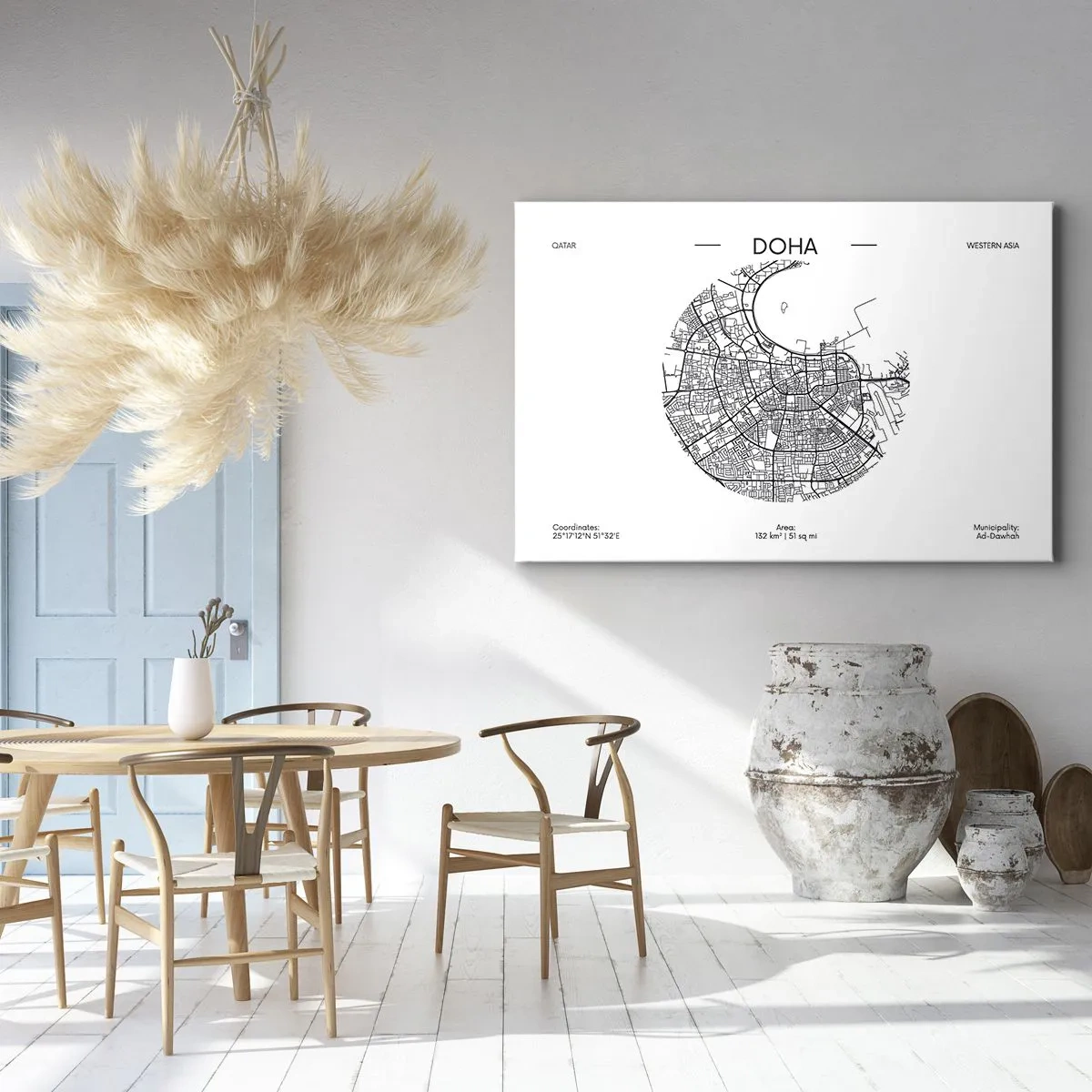 Obraz na plátně - Minimalistická černobílá mapa Dauhá s přesnými detaily. - 70x50cm - Anatomie Dauhá - Moderní nástěnná dekorace do obývacího pokoje a ložnice ARTTOR