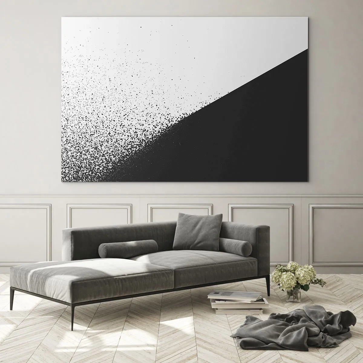 Obraz na skle - Minimalistická kompozice v černé a bílé s efektem rozpadu - 70x50cm - Rychleji a rychleji, více a více - Moderní nástěnná dekorace do obývacího pokoje a ložnice ARTTOR