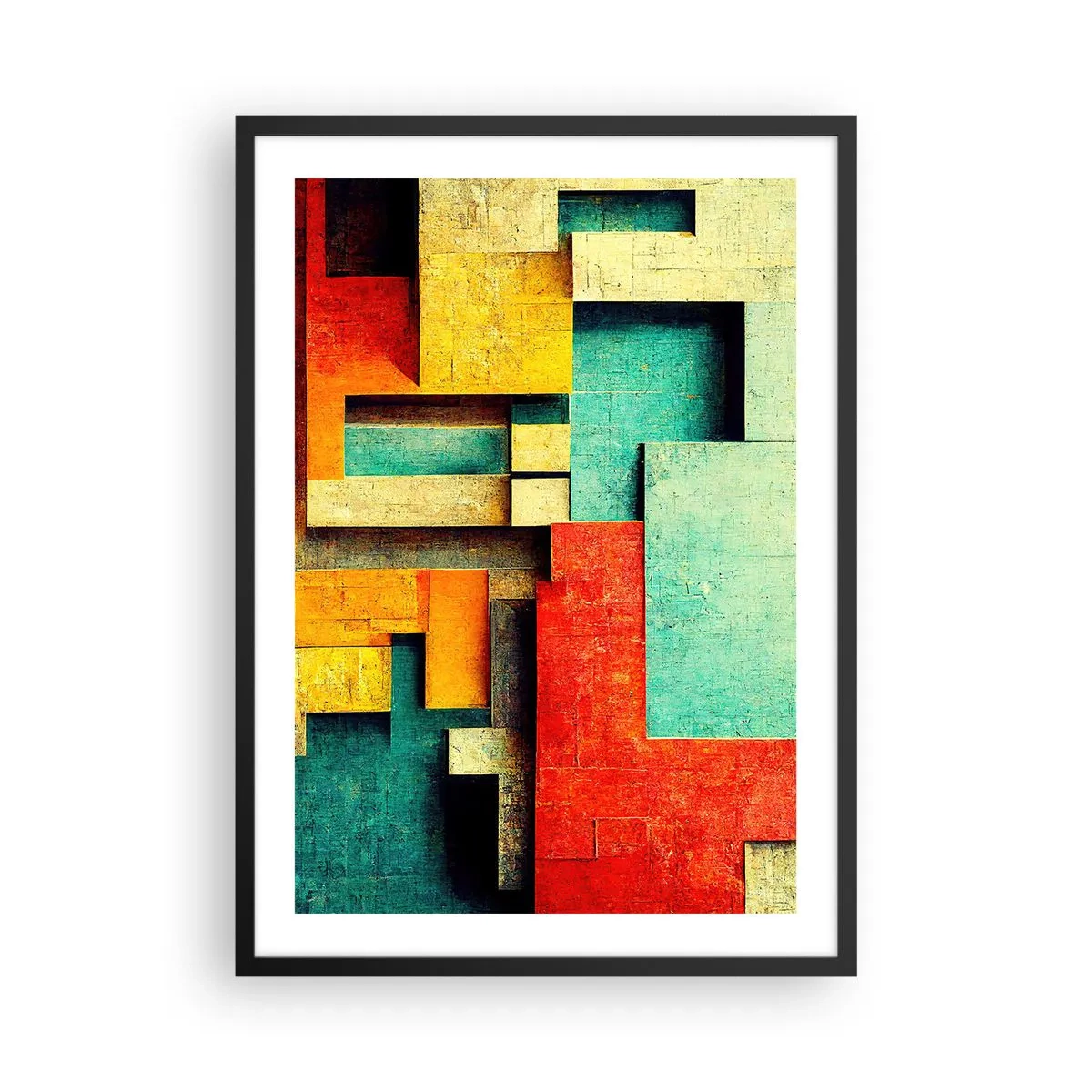 Plakát v černém rámu - Geometrická abstrakce v živých barvách - 50x70cm - Festival pravých úhlů - Moderní nástěnná dekorace do obývacího pokoje a ložnice ARTTOR