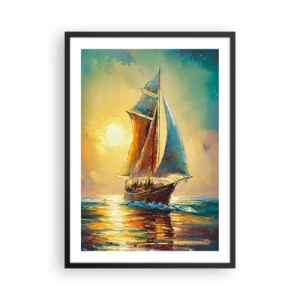 Plakát v černém rámu - Plachetnice na pozadí zlatého západu slunce - 50x70cm - Pod plnými plachtami - Moderní nástěnná dekorace do obývacího pokoje a ložnice ARTTOR
