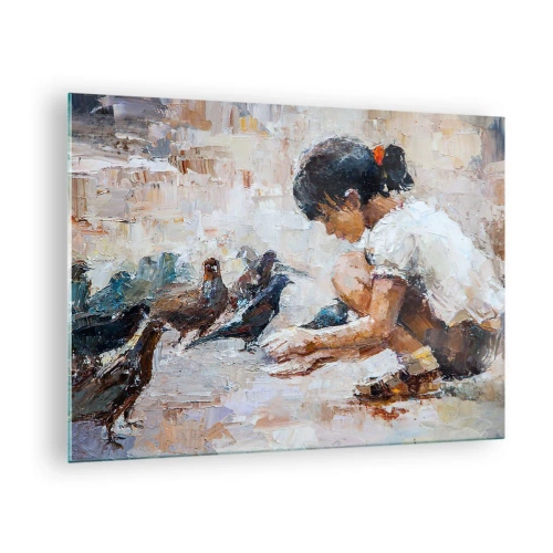 Obraz na skle - Dívka krmící ptáky na impresionistickém pozadí - 70x50cm - Maličcí a nejmilejší - Moderní nástěnná dekorace do obývacího pokoje a ložnice ARTTOR