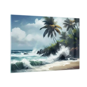 Obraz na skle - Vlny narážející do skal u palem na tropické pláži - 70x50cm - Na tropickém pobřeží - Moderní nástěnná dekorace do obývacího pokoje a ložnice ARTTOR