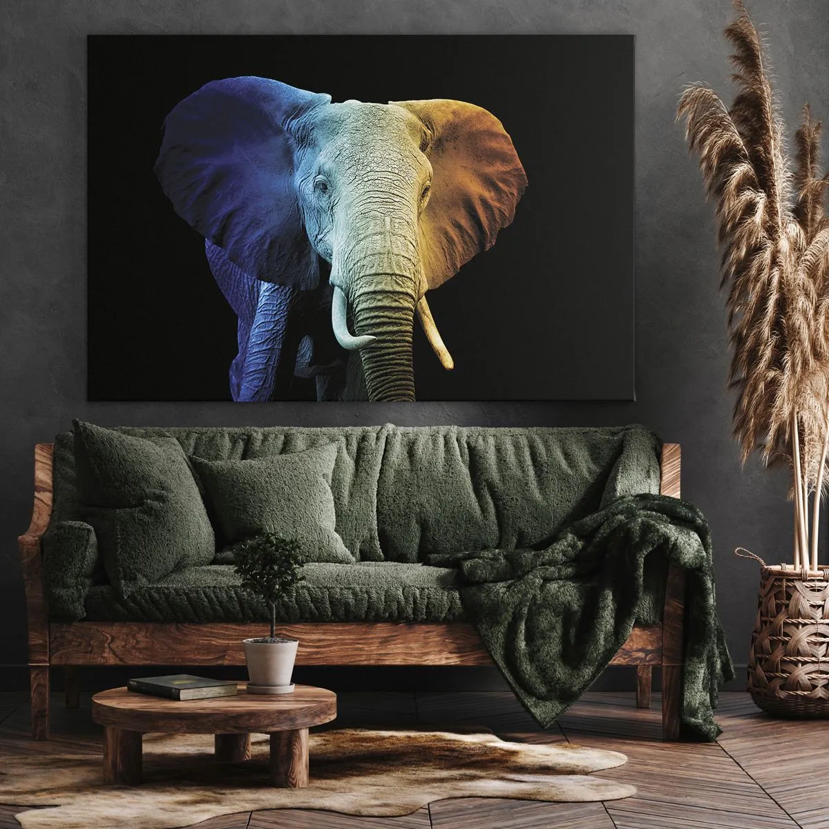 Obraz na plátně - Portrét slona v barvách duhy - 70x50cm - Výstřední muž, ale ne podivín - Moderní nástěnná dekorace do obývacího pokoje a ložnice ARTTOR