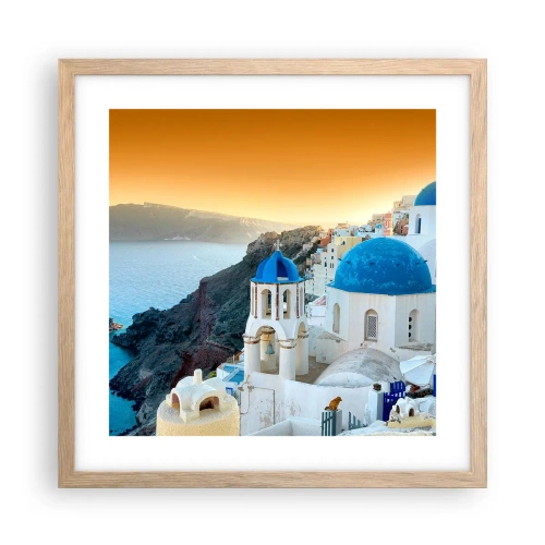 Plakát v rámu světlý dub - Santorini - přitulené ke skalám - 40x40 cm