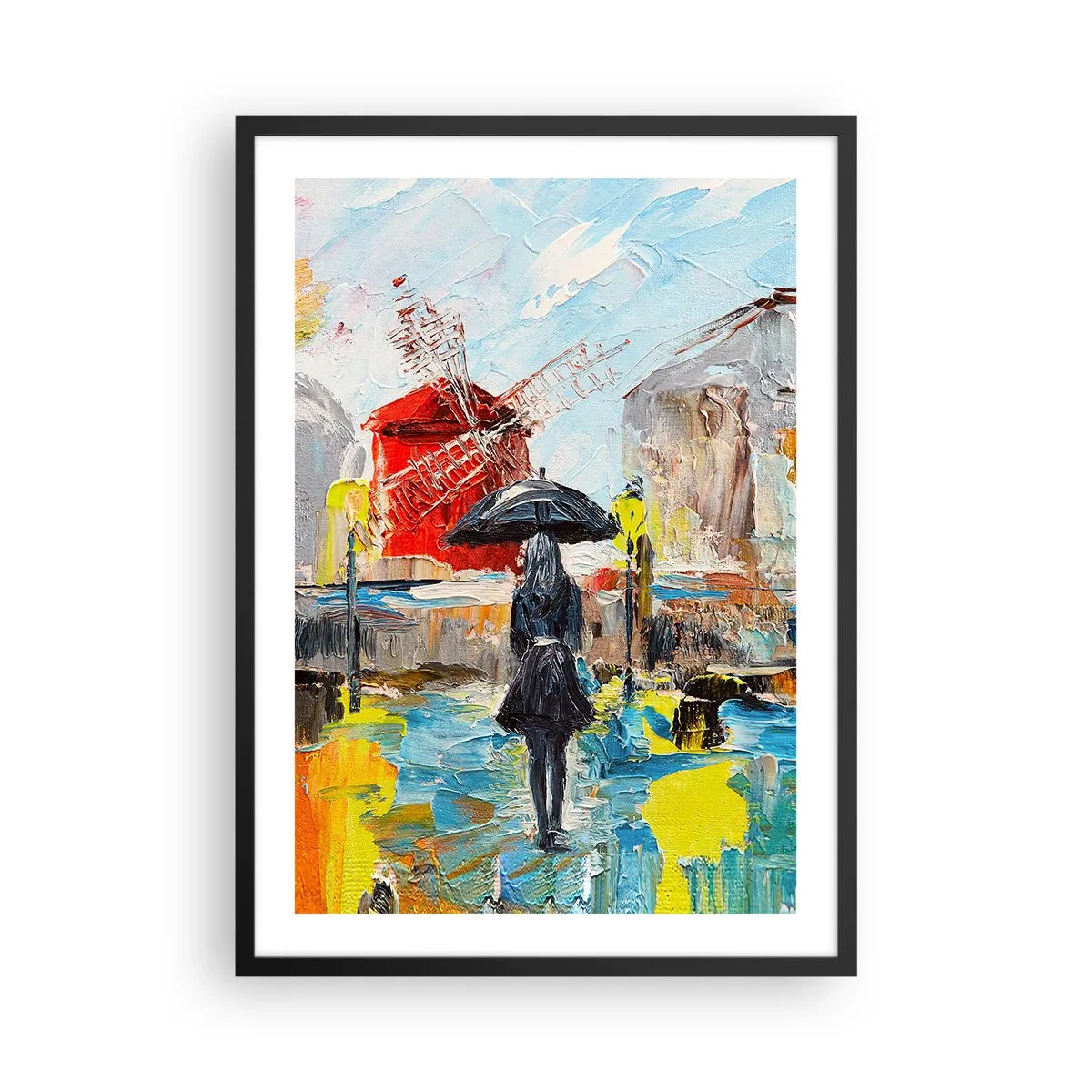Plakát v černém rámu - Žena s deštníkem na pozadí města v dešti - 50x70cm - Pařížské legendy - Moderní nástěnná dekorace do obývacího pokoje a ložnice ARTTOR