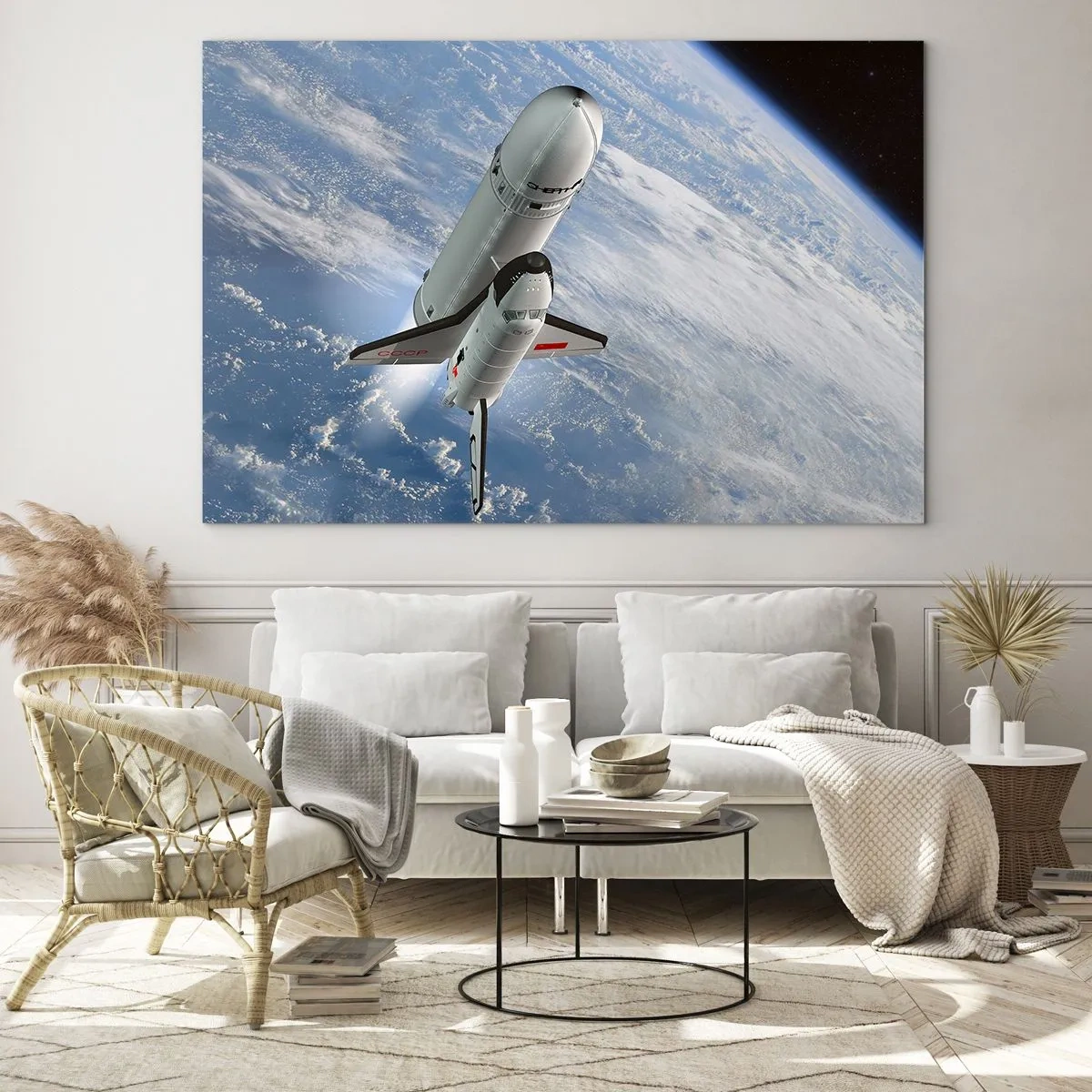 Obraz na skle - Raketoplán startující z vesmíru se Zemí v pozadí. - 70x50cm - Vesmírné nanebevstoupení - Moderní nástěnná dekorace do obývacího pokoje a ložnice ARTTOR