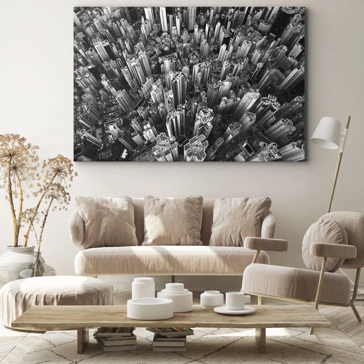 Obraz na plátně - Černobílý pohled na město z ptačí perspektivy - 70x50cm - Stále výš a výš - Moderní nástěnná dekorace do obývacího pokoje a ložnice ARTTOR