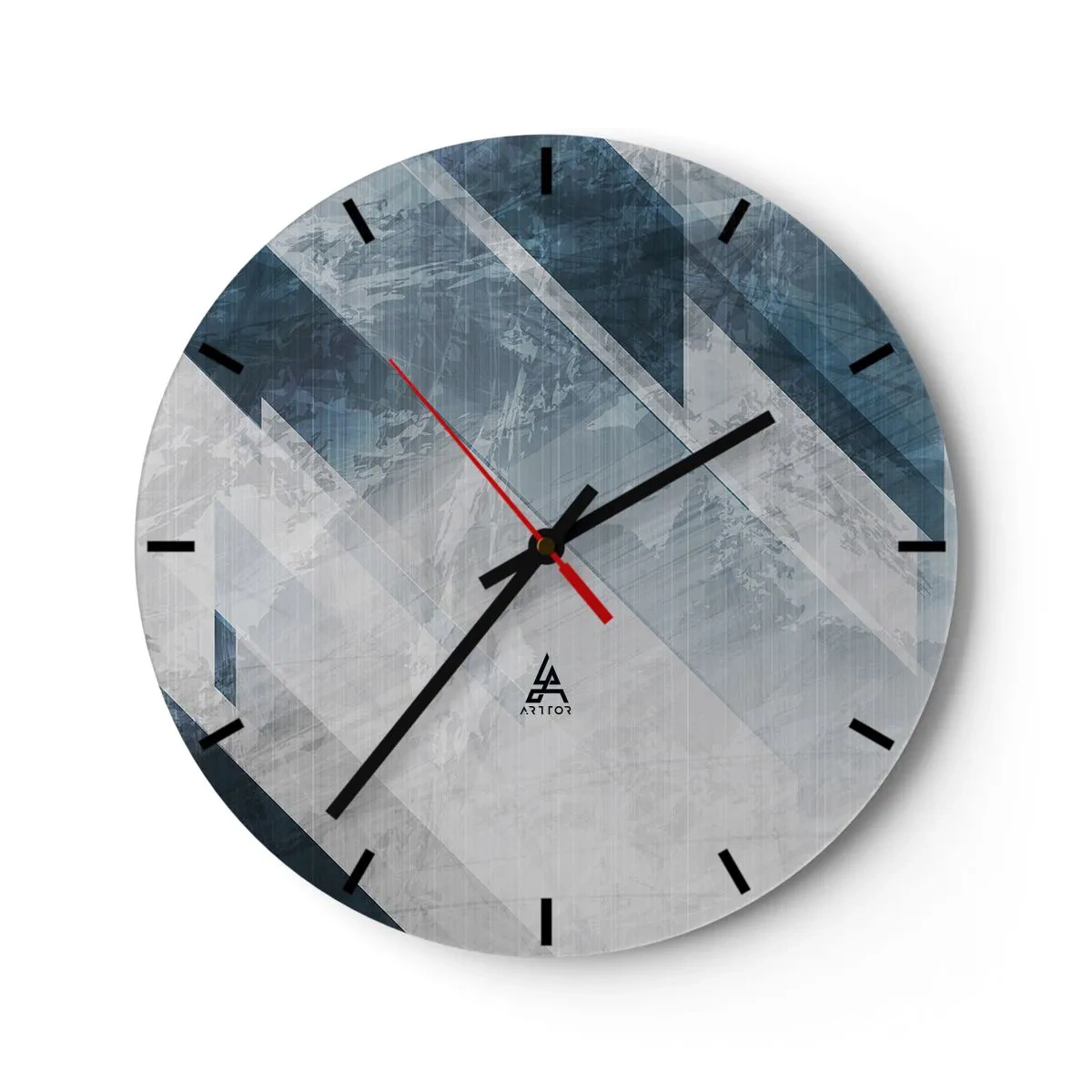 Nástěnné hodiny - Geometrické pruhy v odstínech šedé a tmavě modré vytvářejí hloubku - 30x30cm - Prostorová kompozice – pohyb šedé - Moderní nástěnná dekorace do obývacího pokoje, kuchyně a ložnice ARTTOR