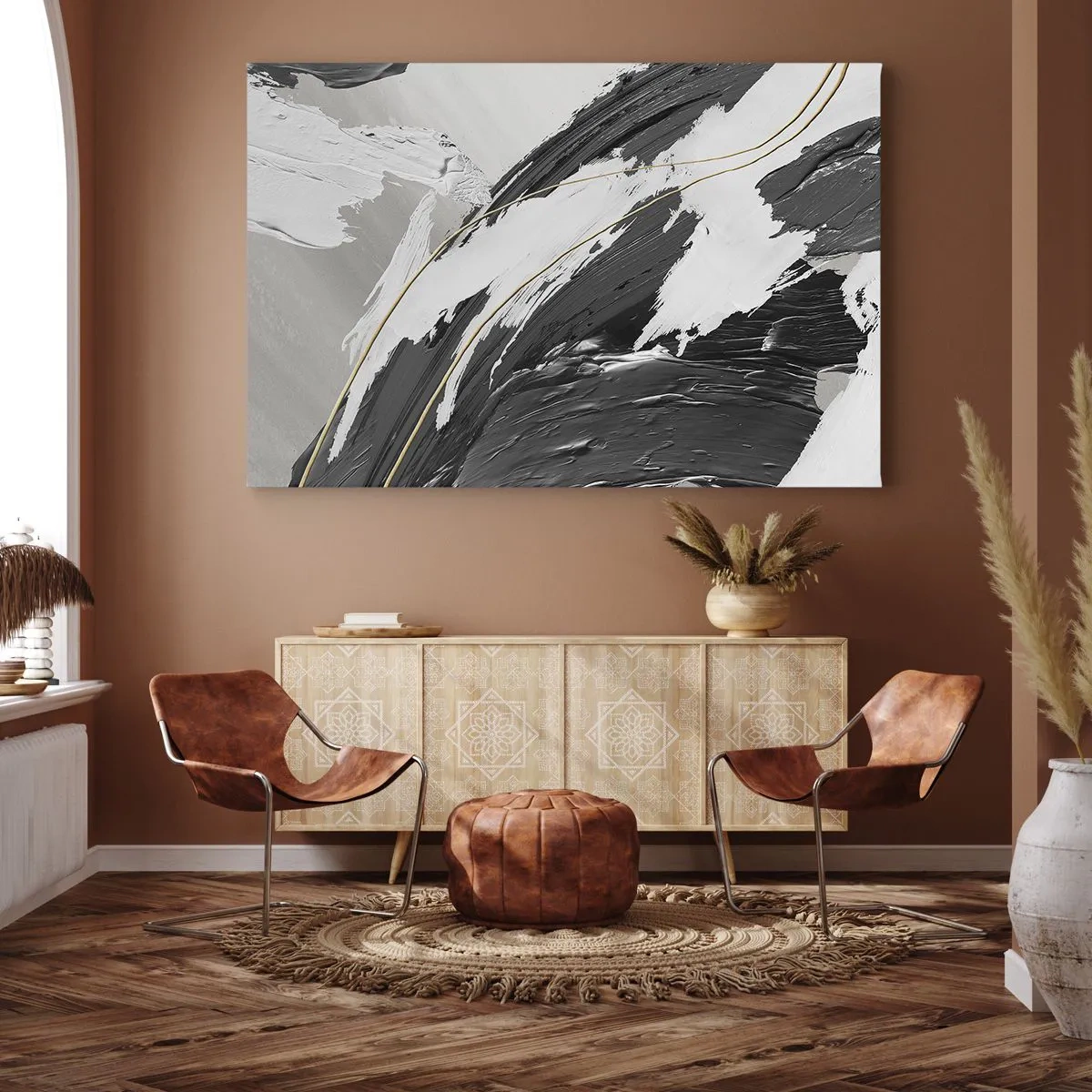 Obraz na plátně - Černobílé tahy barvy s jemným zlatým akcentem - 70x50cm - Velkorysá abstrakce - Moderní nástěnná dekorace do obývacího pokoje a ložnice ARTTOR