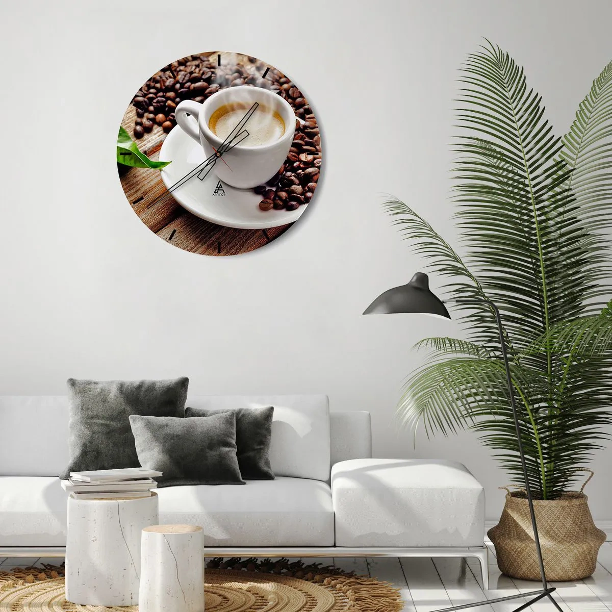 Nástěnné hodiny - Šálek kávy s fazolemi na dřevěném pozadí - 30x30cm - Káva na lavici - Moderní nástěnná dekorace do obývacího pokoje, kuchyně a ložnice ARTTOR