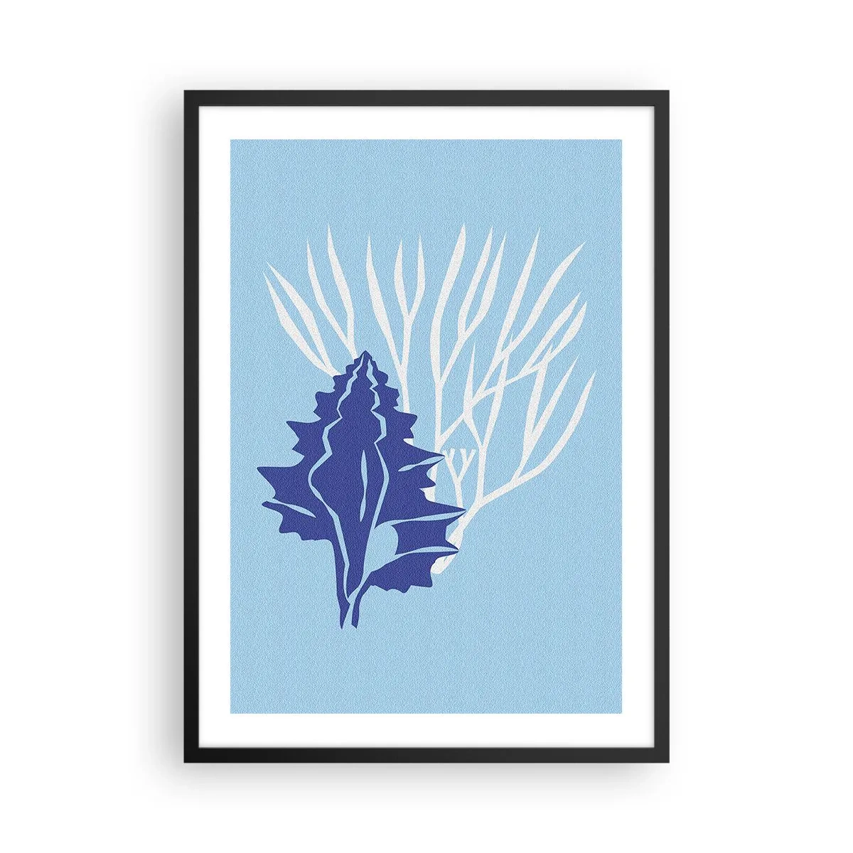 Plakát v černém rámu - Námořní grafika mušlí a korálů na modrém pozadí - 50x70cm - Listové formy - Moderní nástěnná dekorace do obývacího pokoje a ložnice ARTTOR
