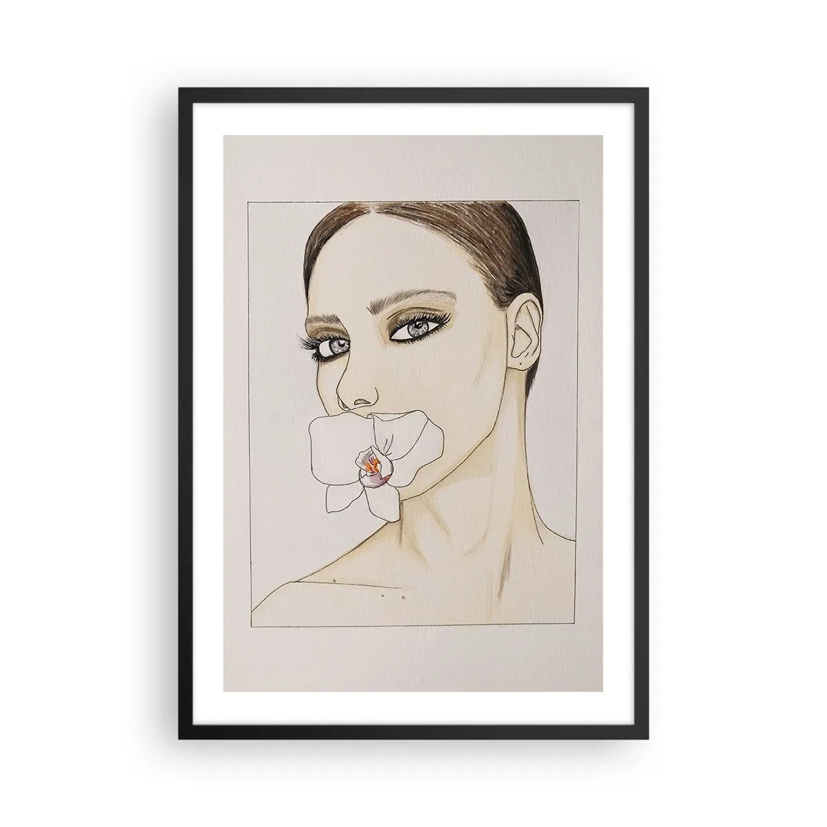 Plakát v černém rámu - Portrét ženy s orchidejí na rtech - 50x70cm - Symbol elegance a krásy - Moderní nástěnná dekorace do obývacího pokoje a ložnice ARTTOR
