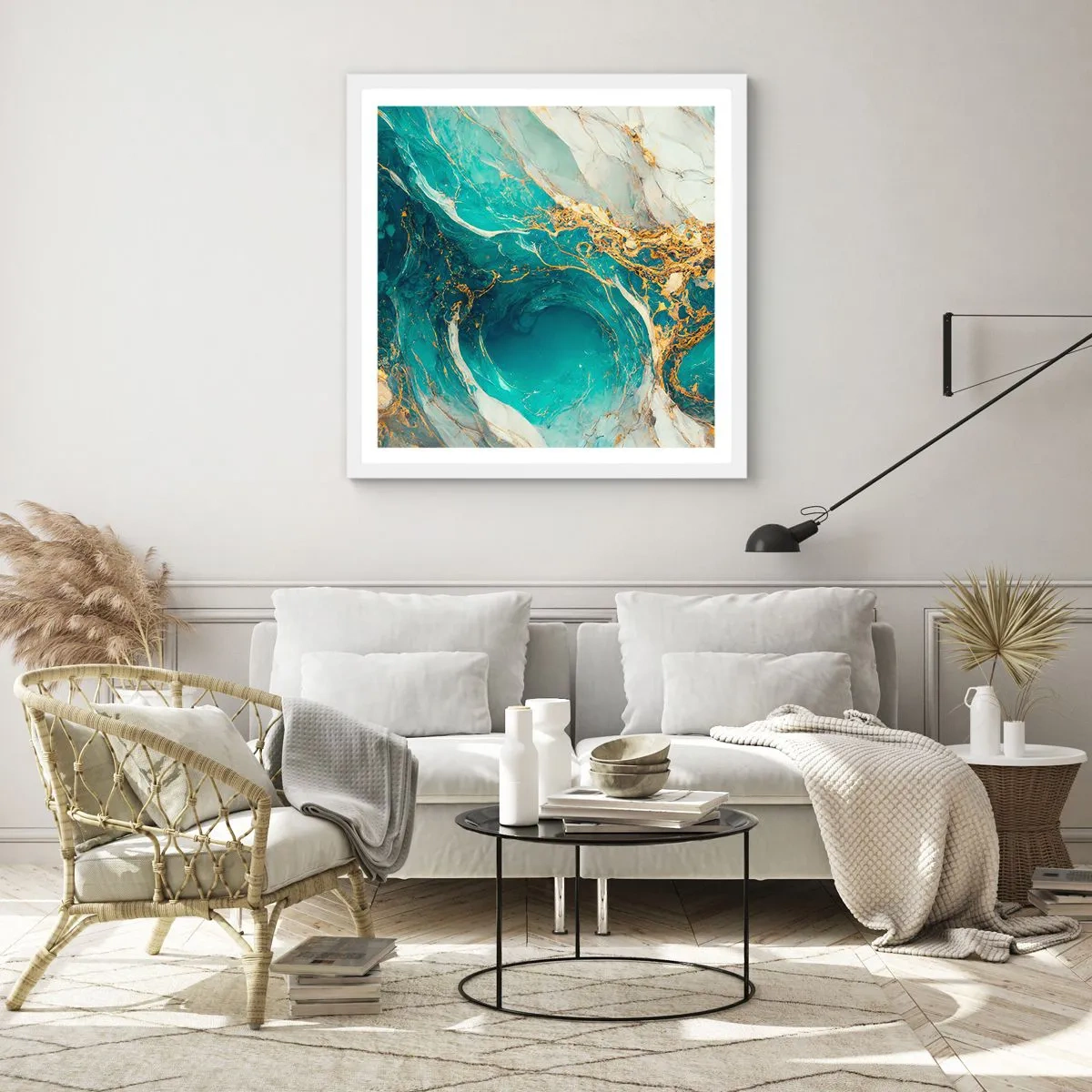 Plakát v bílém rámu - Kompozice se zlatými žilami - 60x60 cm