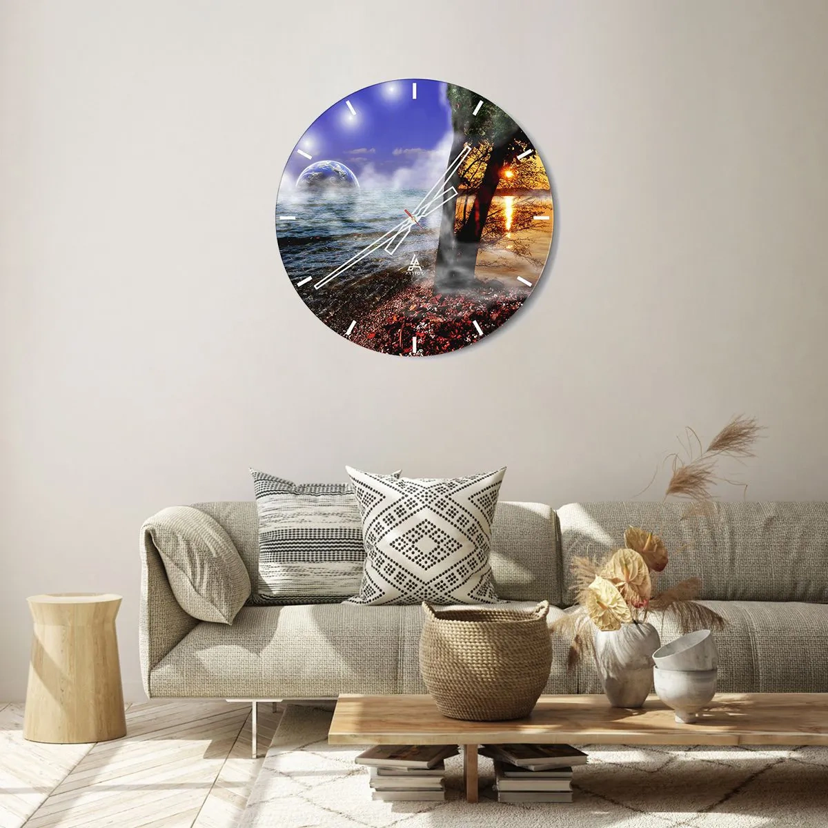 Nástěnné hodiny - Symbolické spojení mezi přírodou a vesmírem - 30x30cm - Surrealistická krajina - jednota přírody - Moderní nástěnná dekorace do obývacího pokoje, kuchyně a ložnice ARTTOR