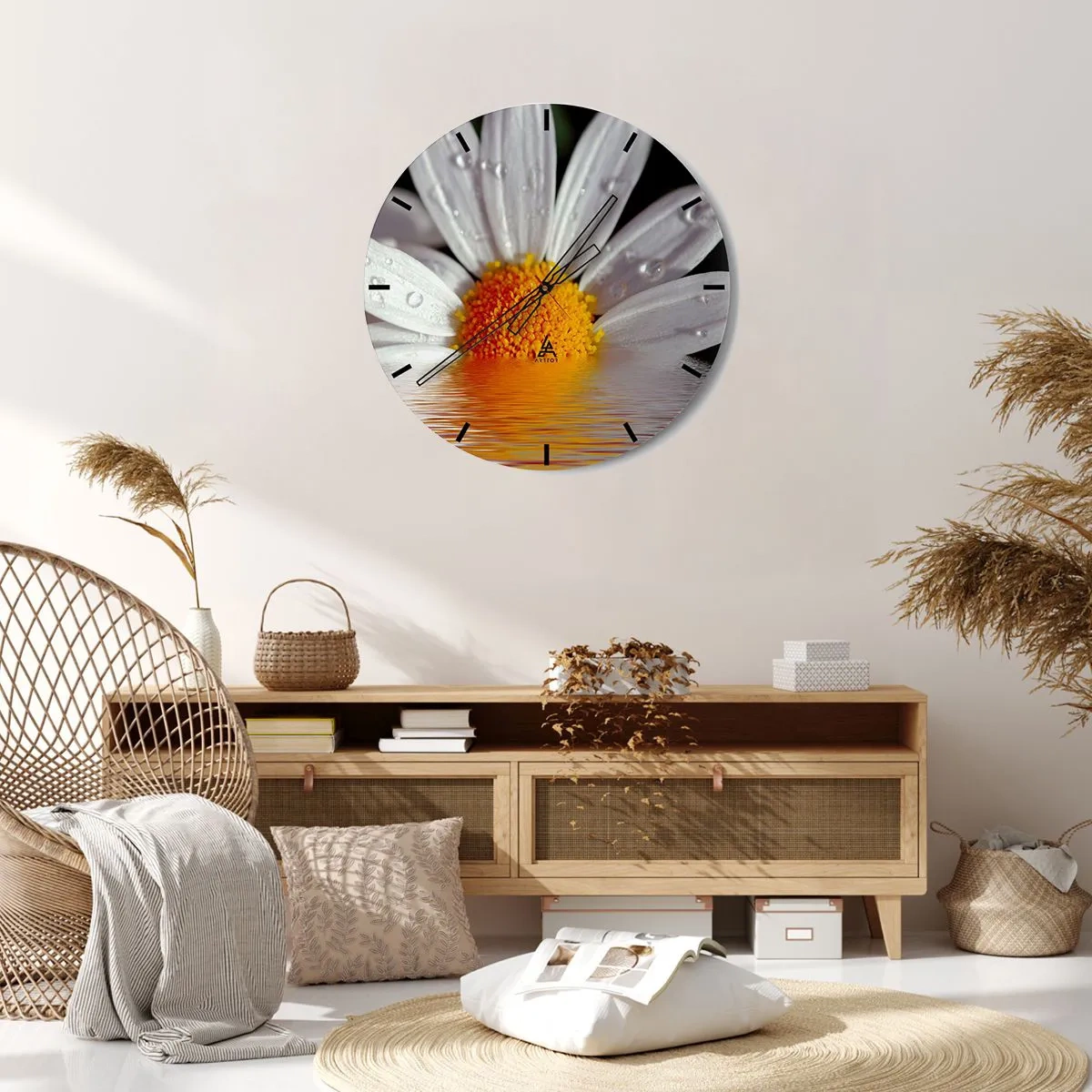 Nástěnné hodiny - Makro sedmikrásky s kapkami vody na okvětních lístcích - 30x30cm - Vycházející slunce sedmikrásky - Moderní nástěnná dekorace do obývacího pokoje, kuchyně a ložnice ARTTOR