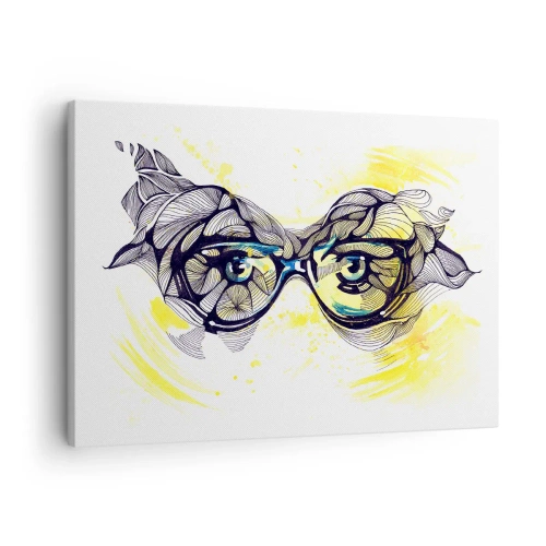 Obraz na plátně - Umělecká grafika brýlí s výraznýma očima - 70x50cm - Přes modré brýle - Moderní nástěnná dekorace do obývacího pokoje a ložnice ARTTOR