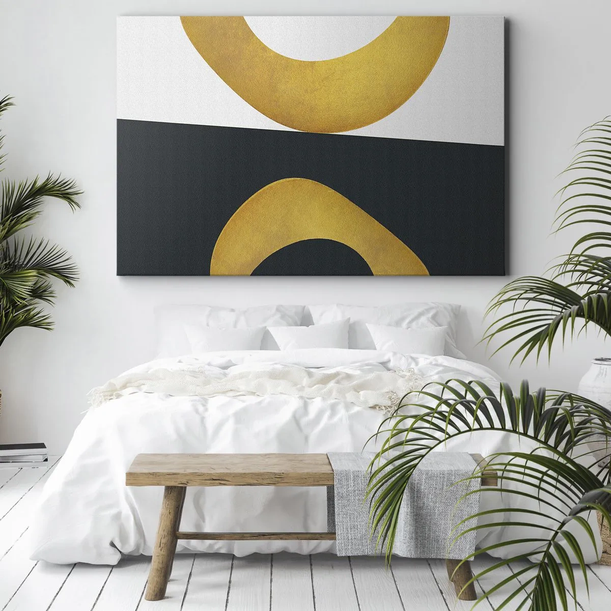 Obraz na plátně - Geometrické tvary ve zlaté barvě na bílém a tmavém pozadí - 70x50cm - Zaprvé: zlato - Moderní nástěnná dekorace do obývacího pokoje a ložnice ARTTOR
