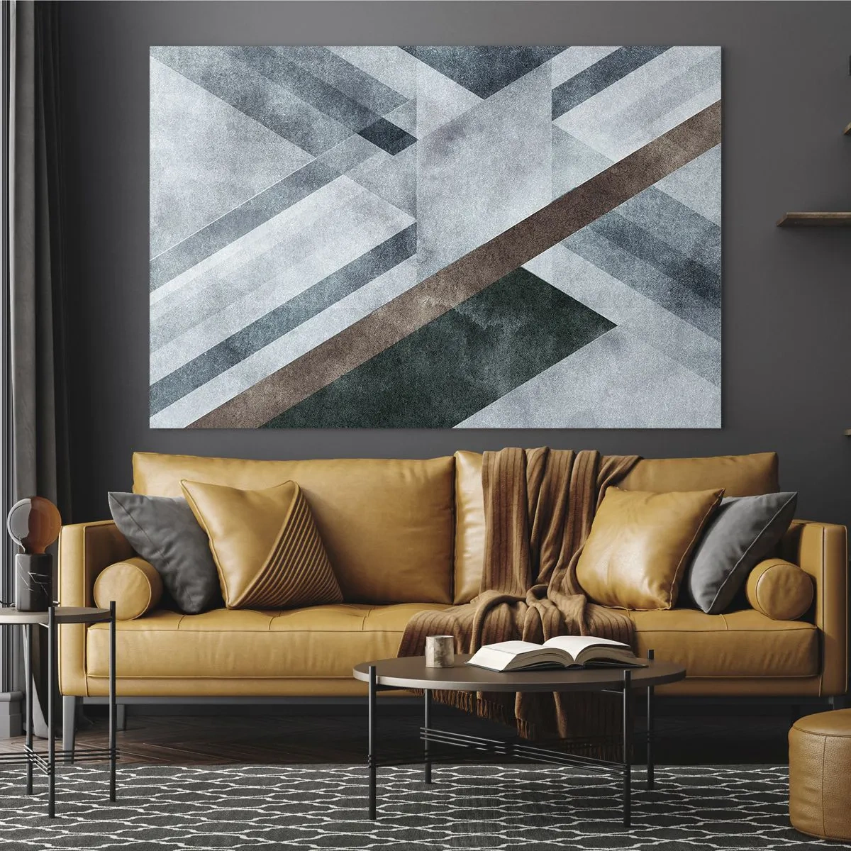 Obraz na skle - Geometrická abstrakce v chladných tónech s tmavě zeleným akcentem - 70x50cm - Sofistikovaná elegance geometrie - Moderní nástěnná dekorace do obývacího pokoje a ložnice ARTTOR