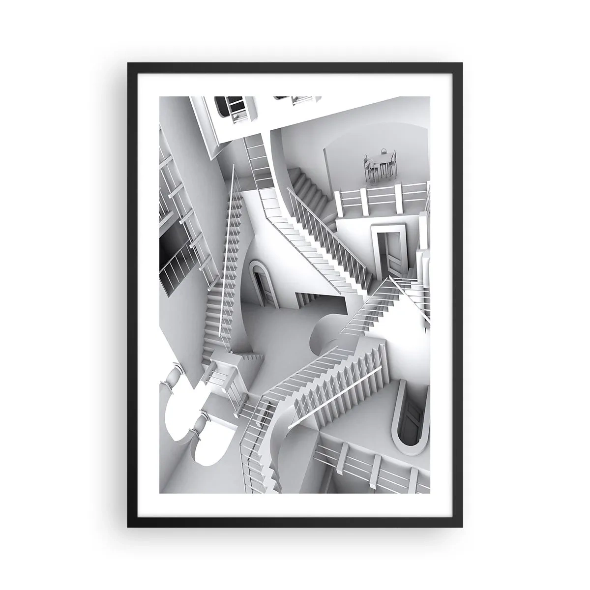 Plakát v černém rámu - Iluzorní schody v surrealistickém prostoru - 50x70cm - Paradoxy prostoru - Moderní nástěnná dekorace do obývacího pokoje a ložnice ARTTOR