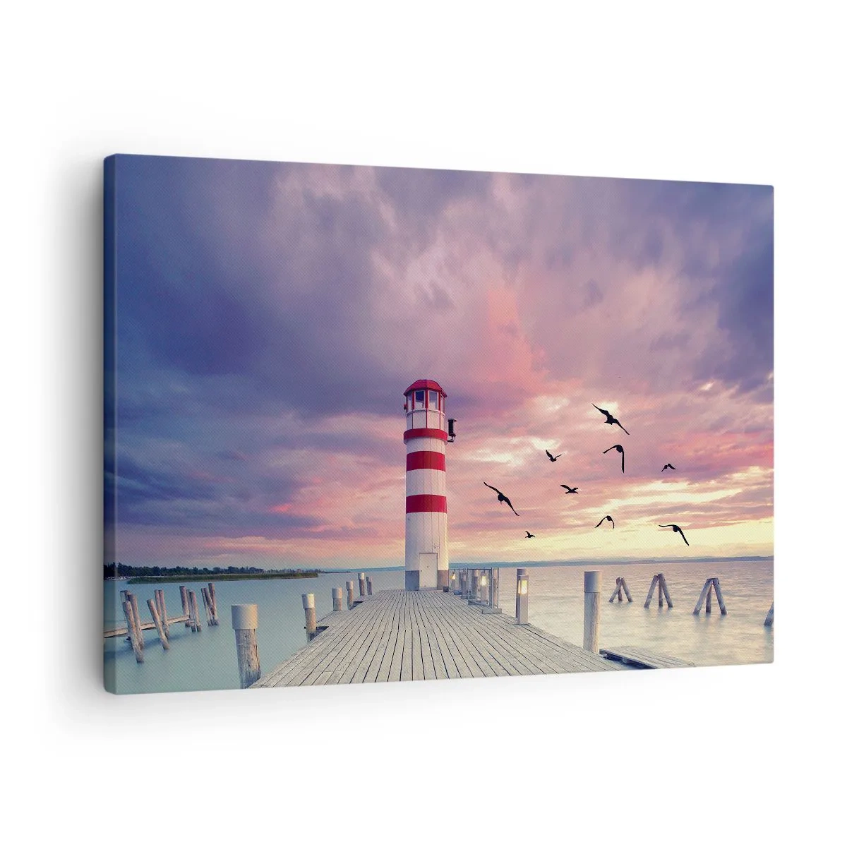 Obraz na plátně - Maják na molu obklopený malebným západem slunce - 70x50cm - Čas jít do přístavu - Moderní nástěnná dekorace do obývacího pokoje a ložnice ARTTOR