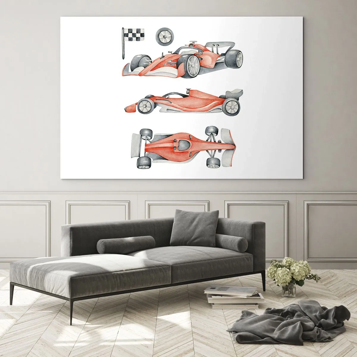 Obraz na skle - Třízáběrová ilustrace červeného závodního auta se závodní vlajkou - 70x50cm - Dohnat sen - Moderní nástěnná dekorace do obývacího pokoje a ložnice ARTTOR