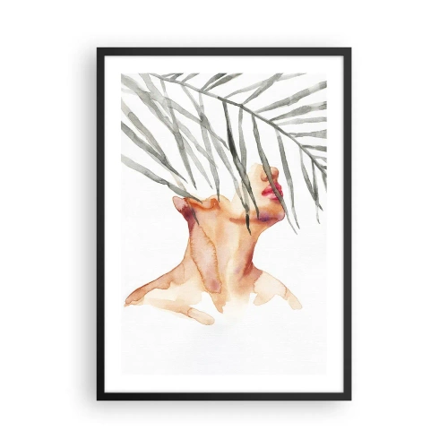 Plakát v černém rámu - Akvarelová žena s palmovými listy zakrývajícími si obličej - 50x70cm - Vnímat tep tropů - Moderní nástěnná dekorace do obývacího pokoje a ložnice ARTTOR