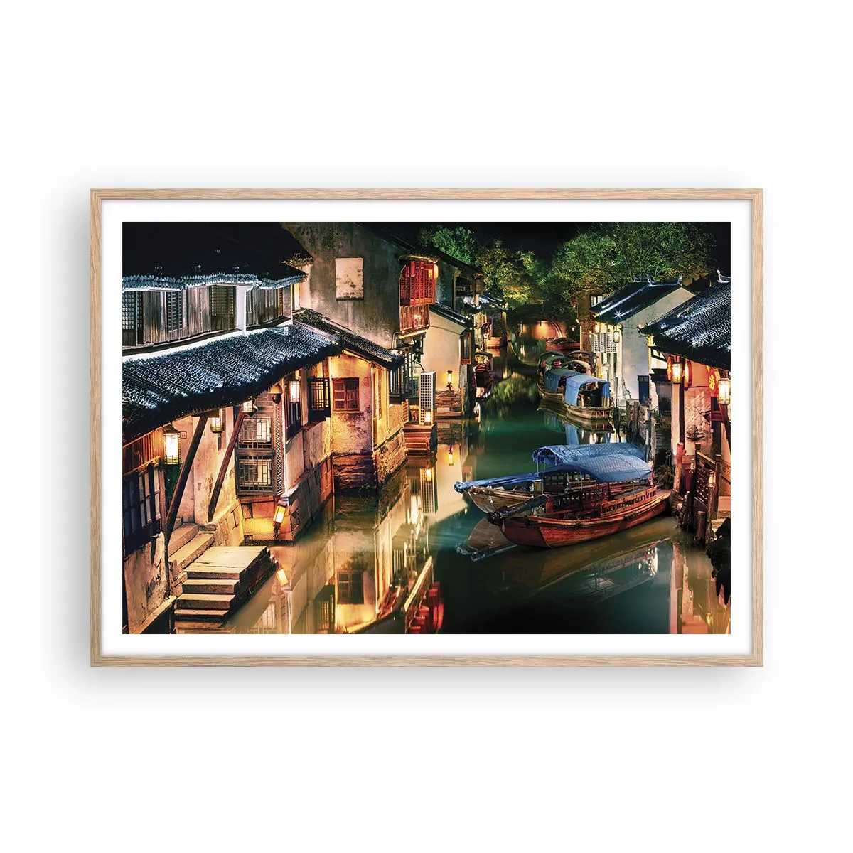 Plakát v rámu světlý dub - Večer na čínské ulici - 100x70 cm
