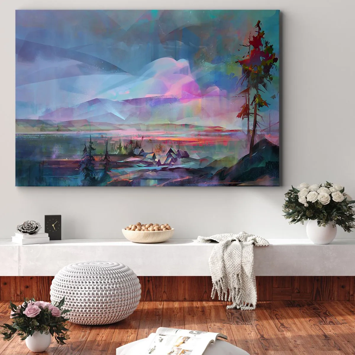 Obraz na plátně - Horská krajina s barevnou oblohou a vesnicí - 70x50cm - Pod přátelským nebem - Moderní nástěnná dekorace do obývacího pokoje a ložnice ARTTOR
