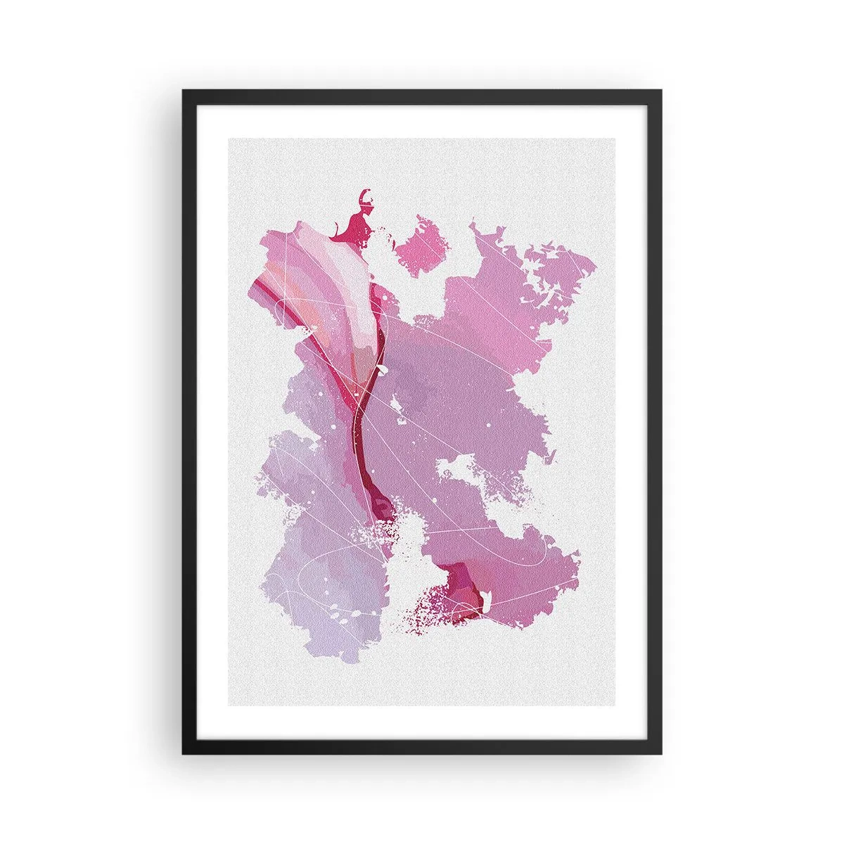 Plakát v černém rámu - Abstraktní mapa v odstínech růžové a fialové - 50x70cm - Mapa růžového světa - Moderní nástěnná dekorace do obývacího pokoje a ložnice ARTTOR