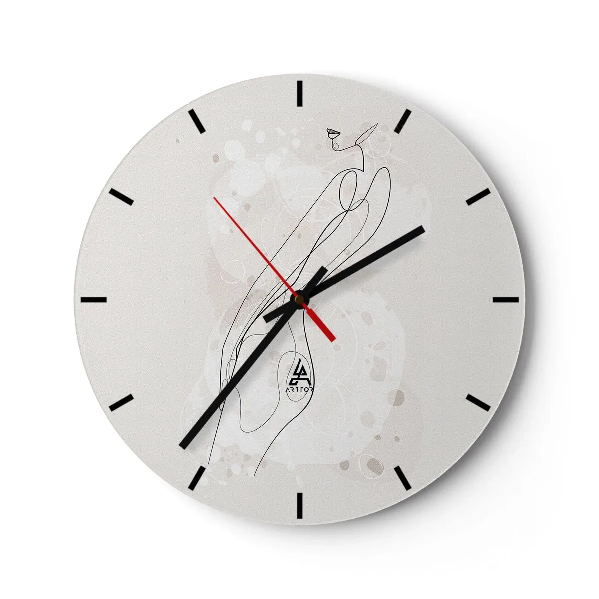 Nástěnné hodiny - Minimalistická silueta ženy nakreslená tenkou čarou na světlém pozadí. - 30x30cm - Zabloudit pohledem - Moderní nástěnná dekorace do obývacího pokoje, kuchyně a ložnice ARTTOR