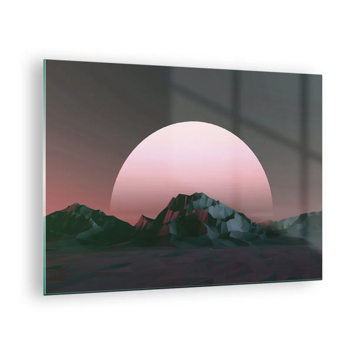 Obraz na skle - Abstraktní krajina s geometrickými horami a růžovým sluncem. - 70x50cm - V sousední galaxii - Moderní nástěnná dekorace do obývacího pokoje a ložnice ARTTOR