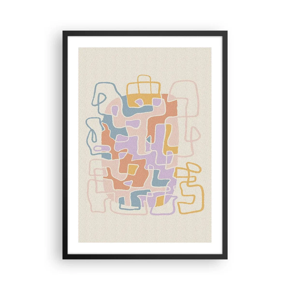 Plakát v černém rámu - Barevná abstrakce s nepravidelnými liniemi na světlém pozadí - 50x70cm - Labyrint – veselé dobrodružství - Moderní nástěnná dekorace do obývacího pokoje a ložnice ARTTOR