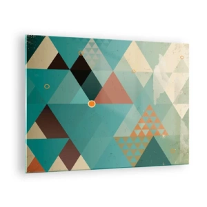 Obraz na skle - Geometrie v odstínech tyrkysové a hnědé s trojúhelníky - 70x50cm - Jednota mnohosti, mnohost jednoty - Moderní nástěnná dekorace do obývacího pokoje a ložnice ARTTOR