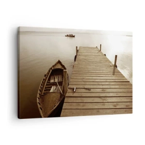 Obraz na plátně - Dřevěné molo a loď na klidném jezeře - 70x50cm - Velký klid - Moderní nástěnná dekorace do obývacího pokoje a ložnice ARTTOR