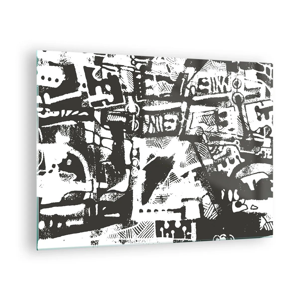 Obraz na skle - Černobílá abstrakce s geometrickými a technickými motivy - 70x50cm - Pořádek nebo chaos? - Moderní nástěnná dekorace do obývacího pokoje a ložnice ARTTOR