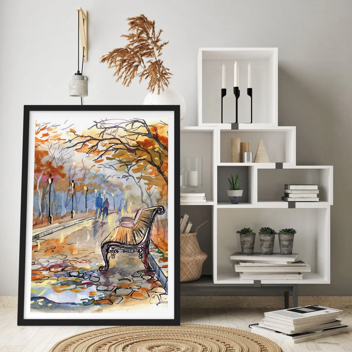 Plakát v černém rámu - Lavička v podzimním parku, akvarel - 50x70cm - Společně putovat podzimem - Moderní nástěnná dekorace do obývacího pokoje a ložnice ARTTOR
