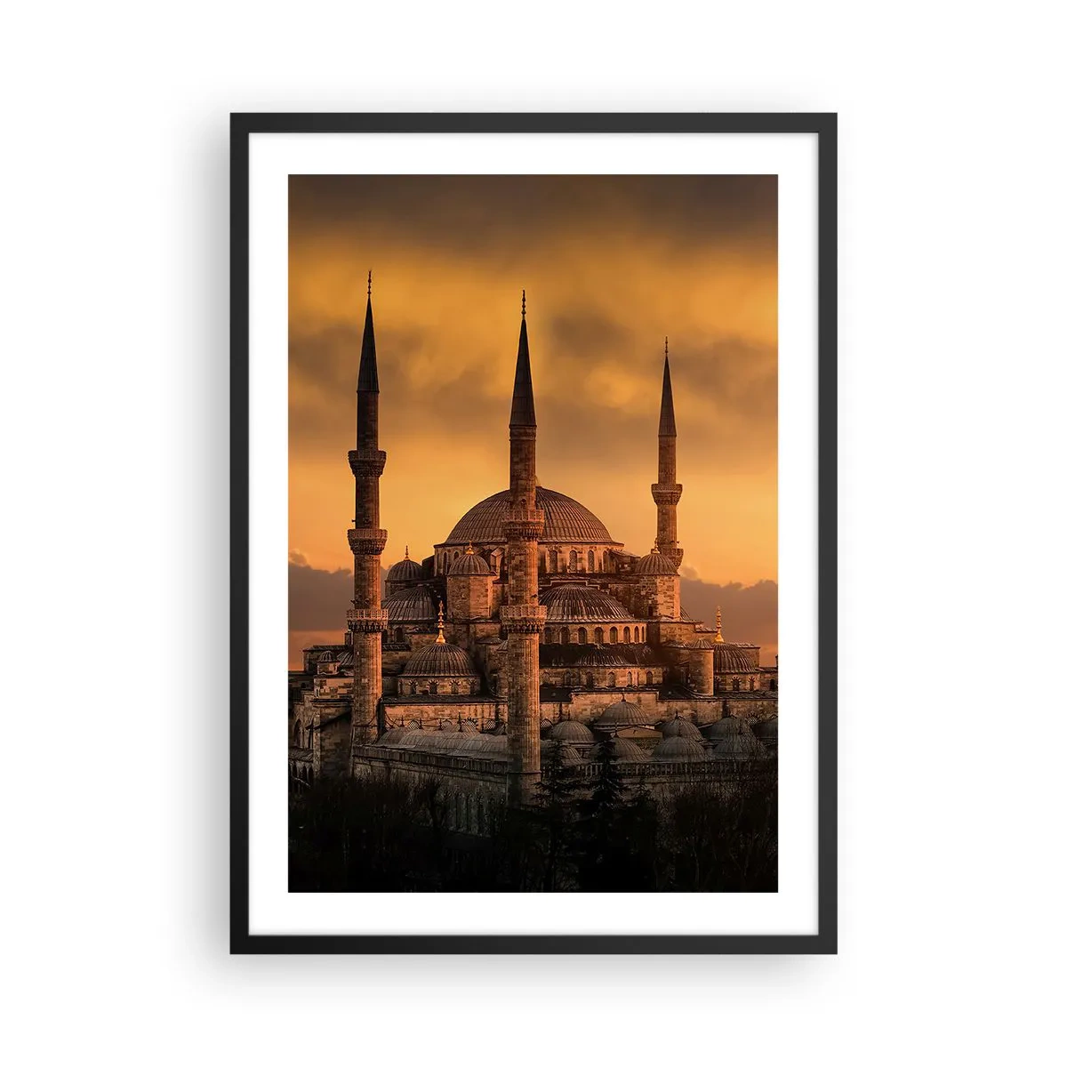 Plakát v černém rámu - Mešita při západu slunce s teplými barvami - 50x70cm - Bůh je velký - Moderní nástěnná dekorace do obývacího pokoje a ložnice ARTTOR