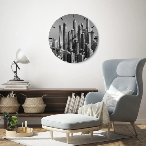Nástěnné hodiny - Panorama moderního města v černé a bílé - 30x30cm - Město nad pouští - Moderní nástěnná dekorace do obývacího pokoje, kuchyně a ložnice ARTTOR