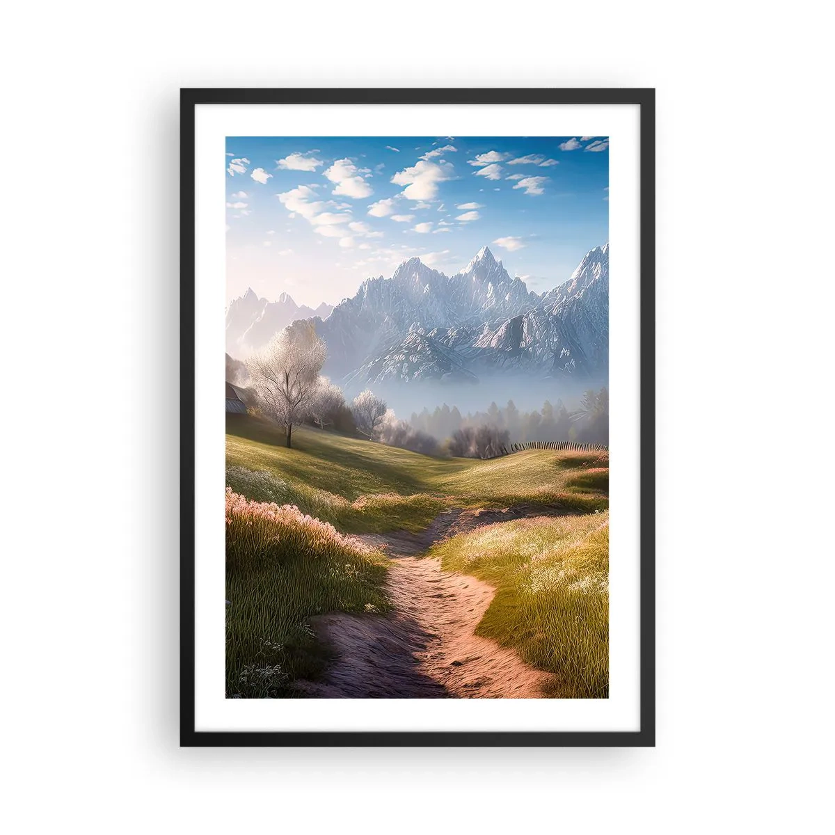 Plakát v černém rámu - Horská cesta vedoucí zeleným údolím při východu slunce - 50x70cm - Idylické údolí - Moderní nástěnná dekorace do obývacího pokoje a ložnice ARTTOR