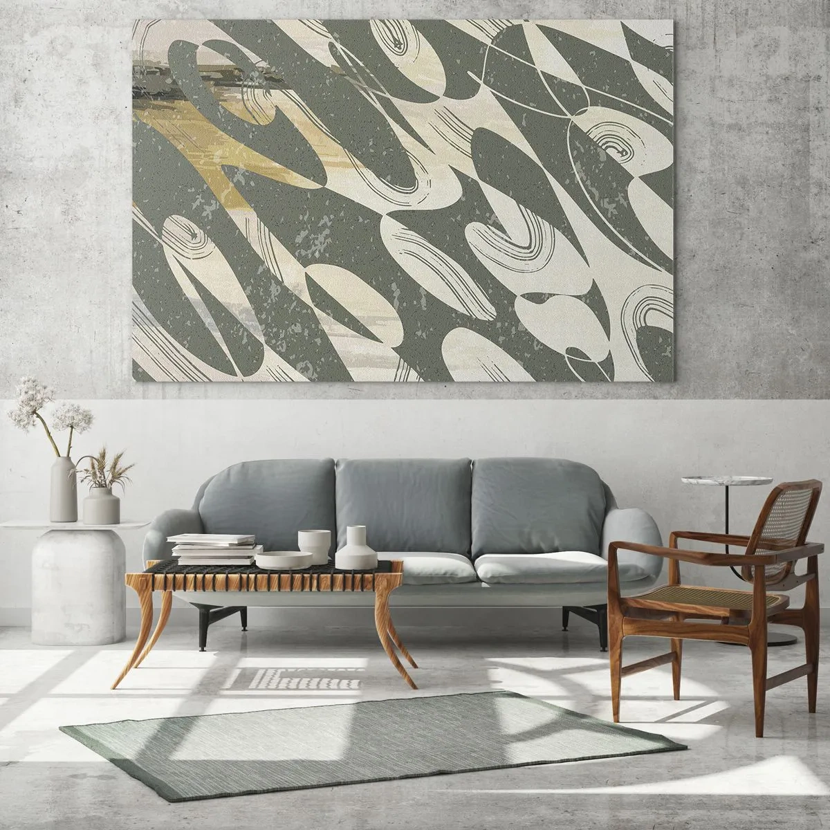 Obraz na skle - Zelená a béžová kompozice s dynamickými organickými formami - 70x50cm - Rytmizovaná abstrakce - Moderní nástěnná dekorace do obývacího pokoje a ložnice ARTTOR